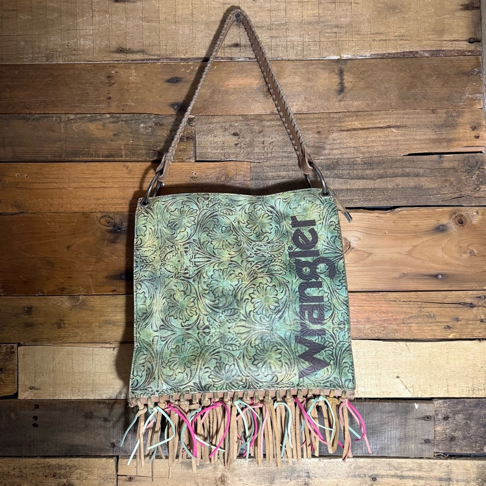 WRANGLER FLORAL EMBOSSED‎ FRINGE CONCEALED CARRY HOBO PURSE PINK & TURQUOISE